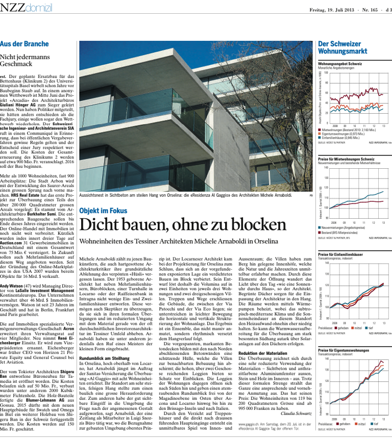 NZZ - 20. luglio 2013, COSTRUIRE DENSAMENTE SENZA BLOCCARE NZZ - 20. July 2013