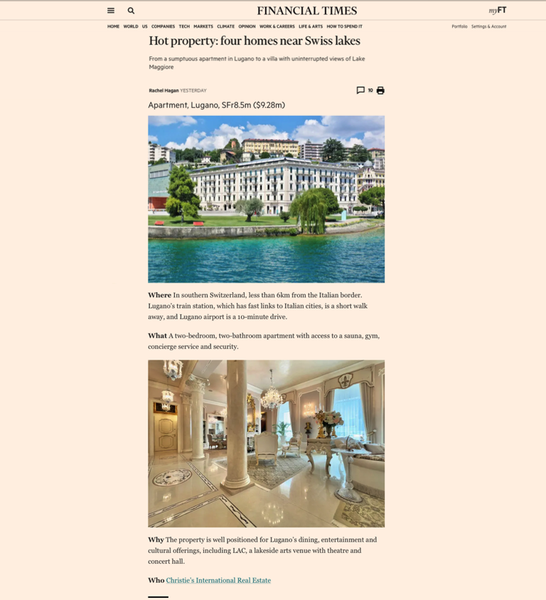 Finacial Times - settembre 2021 - Proprietà calda: quattro case vicino ai laghi svizzeri Finacial Times - September 2021