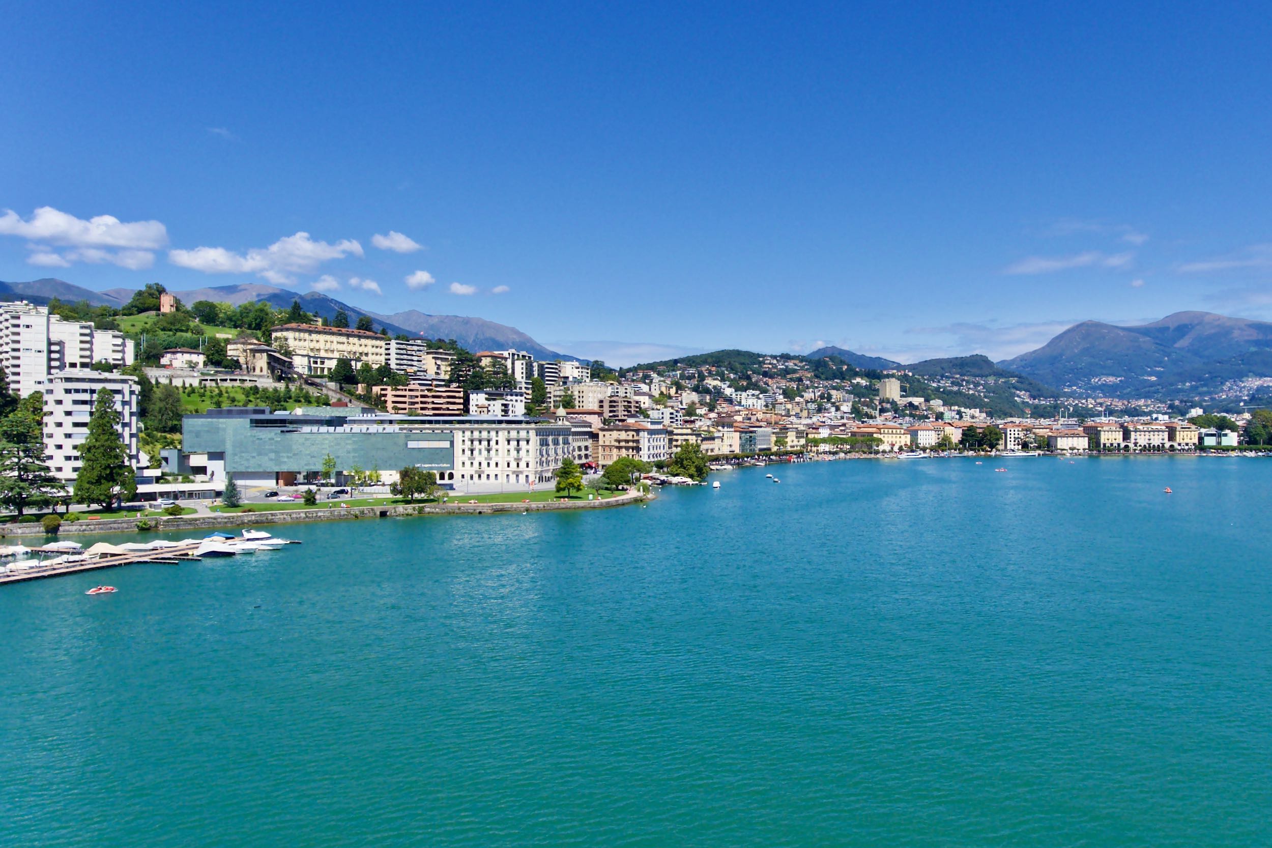 Lugano city lake shore at Lake Lugano, Ticino, Switzerland