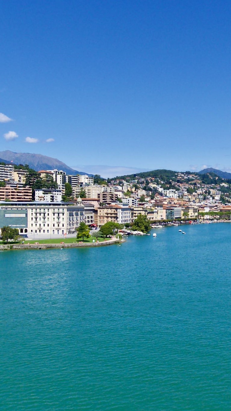 Lugano city lake shore at Lake Lugano, Ticino, Switzerland